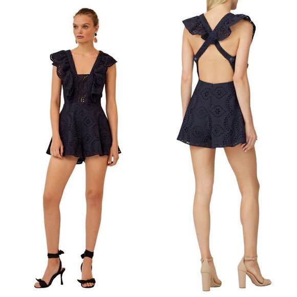 Keepsake Navy Eyelet Sheer Cutout Flutter Sleeve Romper Size 8 Western Fairy